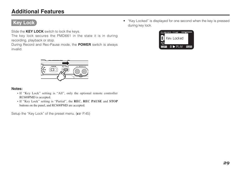 Additional features, Key lock | Marantz Professional PMD661 User Manual | Page 38 / 76