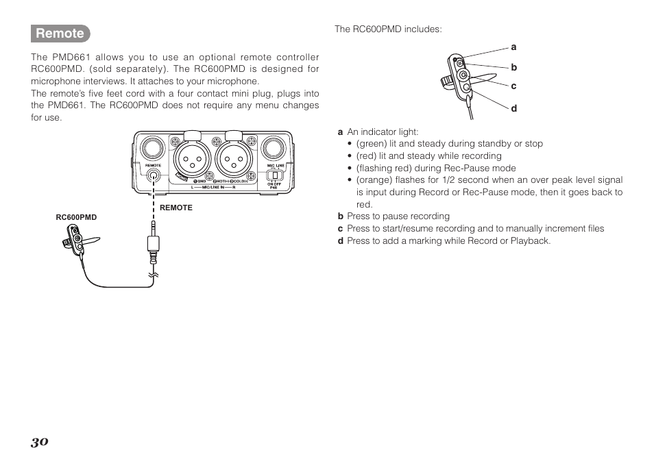 30 remote | Marantz Professional PMD661 User Manual | Page 39 / 76