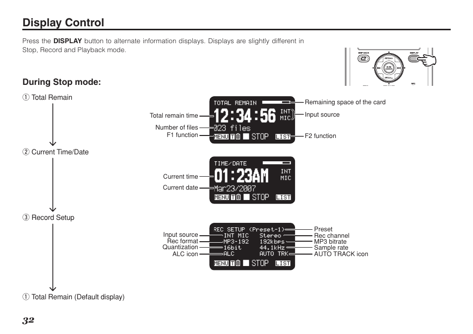 Display control, During stop mode | Marantz Professional PMD661 User Manual | Page 41 / 76