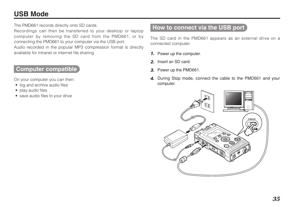 Usb mode, Computer compatible, How to connect via the usb port | Marantz Professional PMD661 User Manual | Page 44 / 76