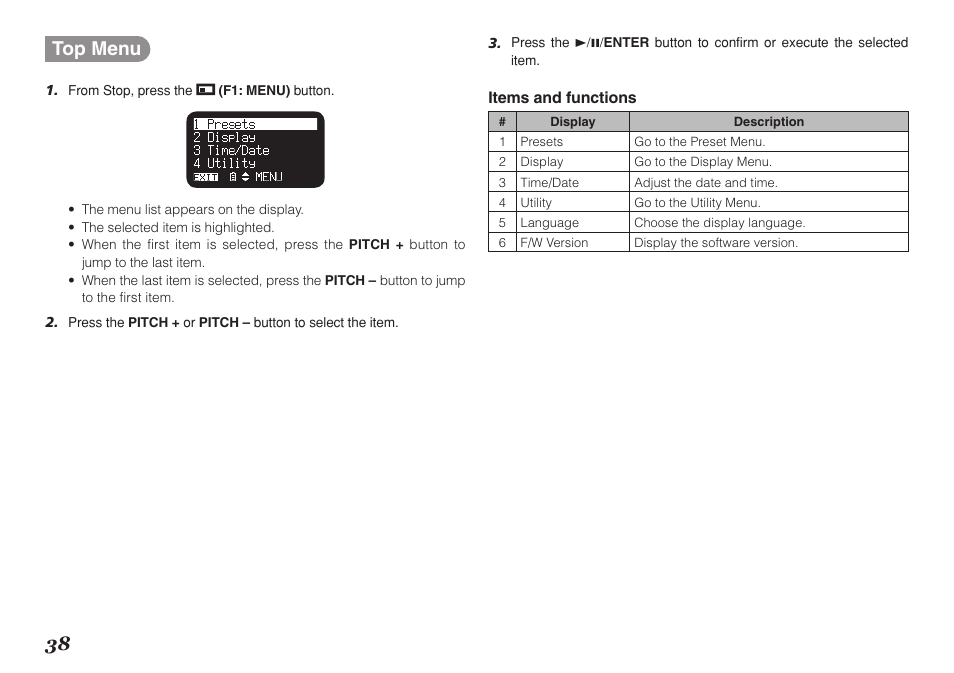 38 top menu | Marantz Professional PMD661 User Manual | Page 47 / 76