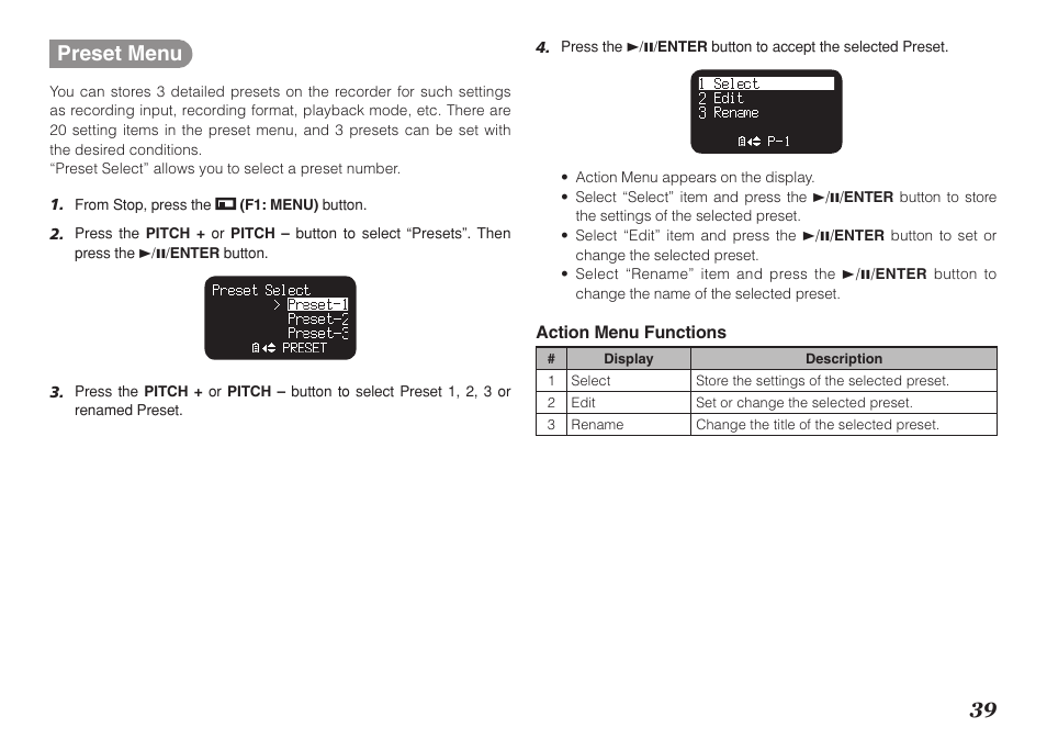 39 preset menu | Marantz Professional PMD661 User Manual | Page 48 / 76