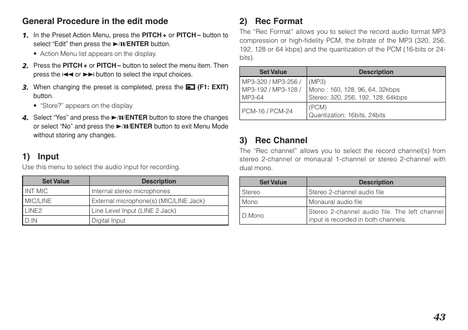 General procedure in the edit mode, 1) input, 2) rec format | 3) rec channel | Marantz Professional PMD661 User Manual | Page 52 / 76