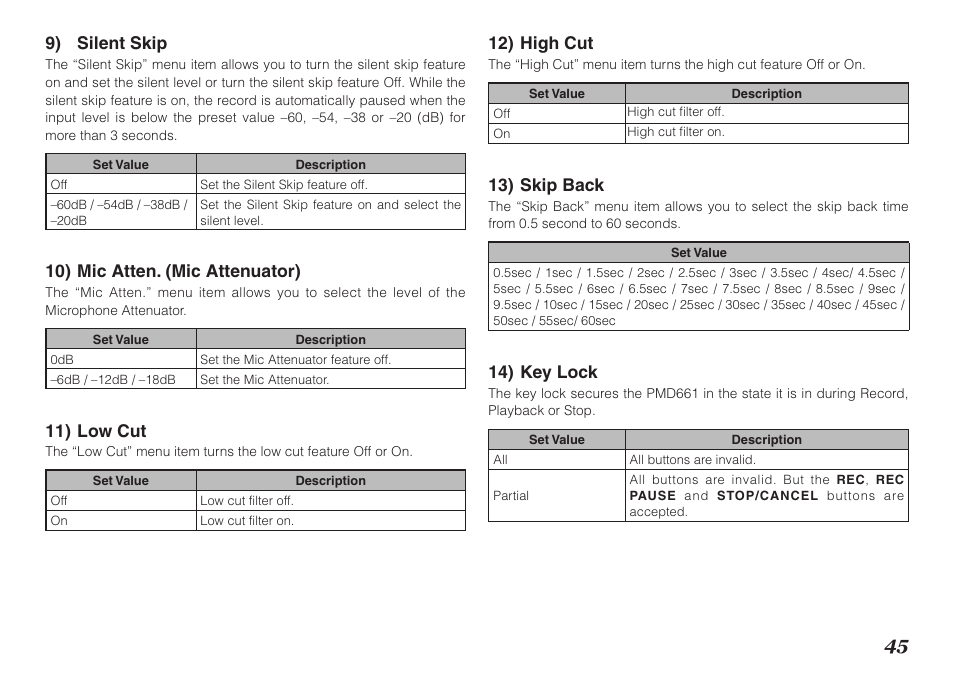 9) silent skip, 10) mic atten. (mic attenuator), 11) low cut | 12) high cut, 13) skip back, 14) key lock | Marantz Professional PMD661 User Manual | Page 54 / 76