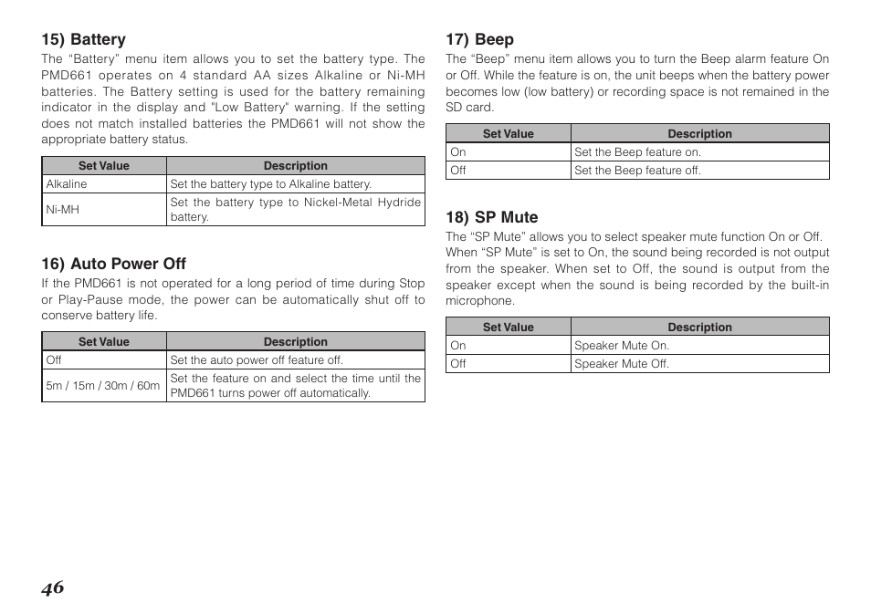 15) battery, 16) auto power off, 17) beep | 18) sp mute | Marantz Professional PMD661 User Manual | Page 55 / 76