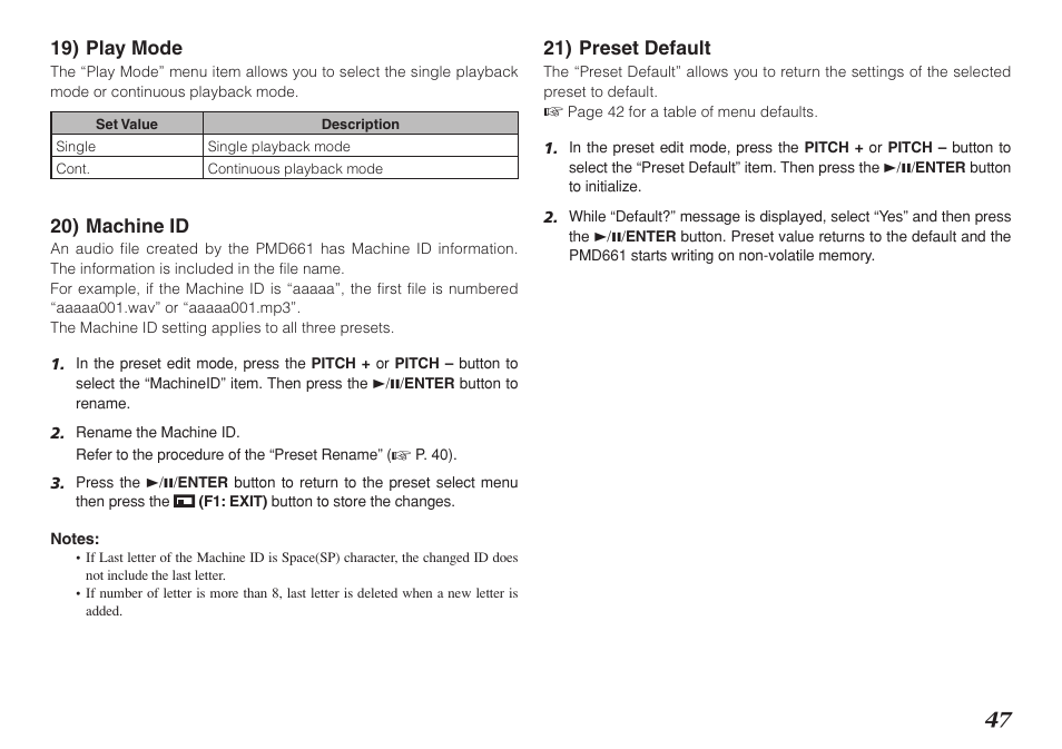 19) play mode, 20) machine id, 21) preset default | Marantz Professional PMD661 User Manual | Page 56 / 76