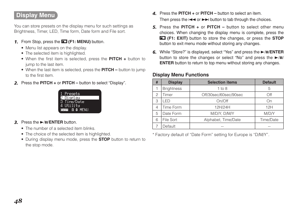 48 display menu | Marantz Professional PMD661 User Manual | Page 57 / 76