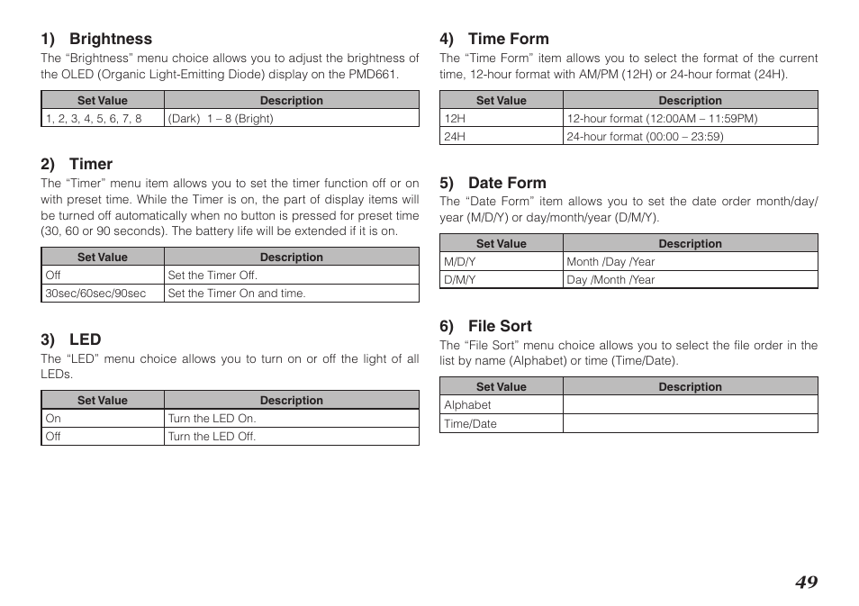 1) brightness, 2) timer, 3) led | 4) time form, 5) date form, 6) file sort | Marantz Professional PMD661 User Manual | Page 58 / 76