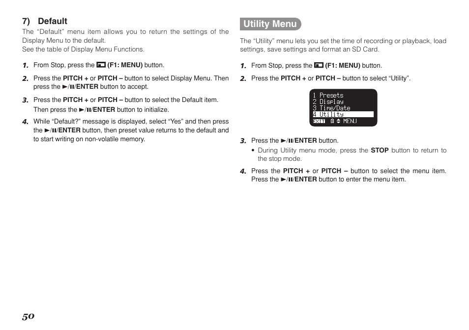 Utility menu, 7) default | Marantz Professional PMD661 User Manual | Page 59 / 76