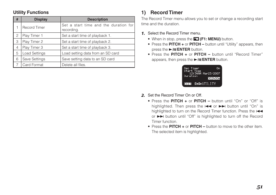 1) record timer | Marantz Professional PMD661 User Manual | Page 60 / 76