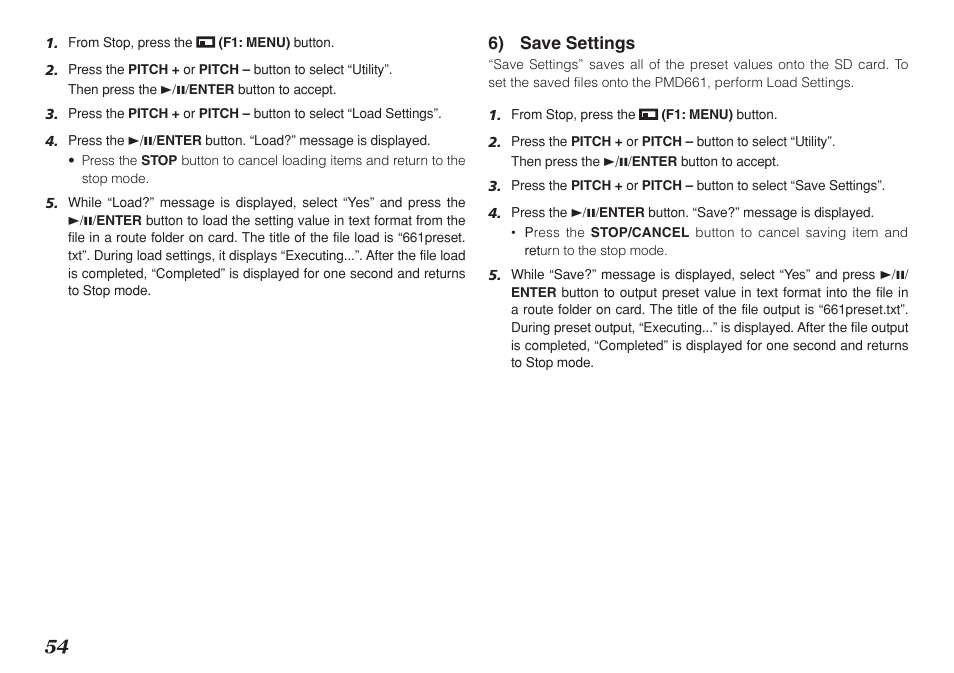 6) save settings | Marantz Professional PMD661 User Manual | Page 63 / 76