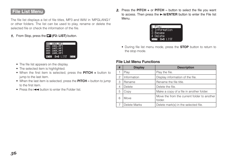 56 file list menu | Marantz Professional PMD661 User Manual | Page 65 / 76