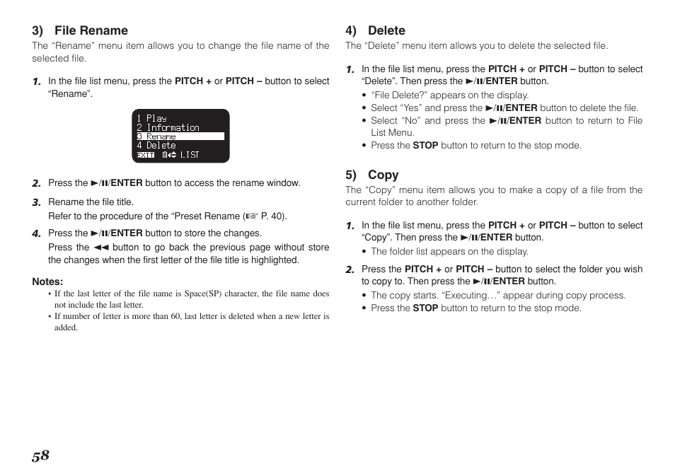 3) file rename, 4) delete, 5) copy | Marantz Professional PMD661 User Manual | Page 67 / 76