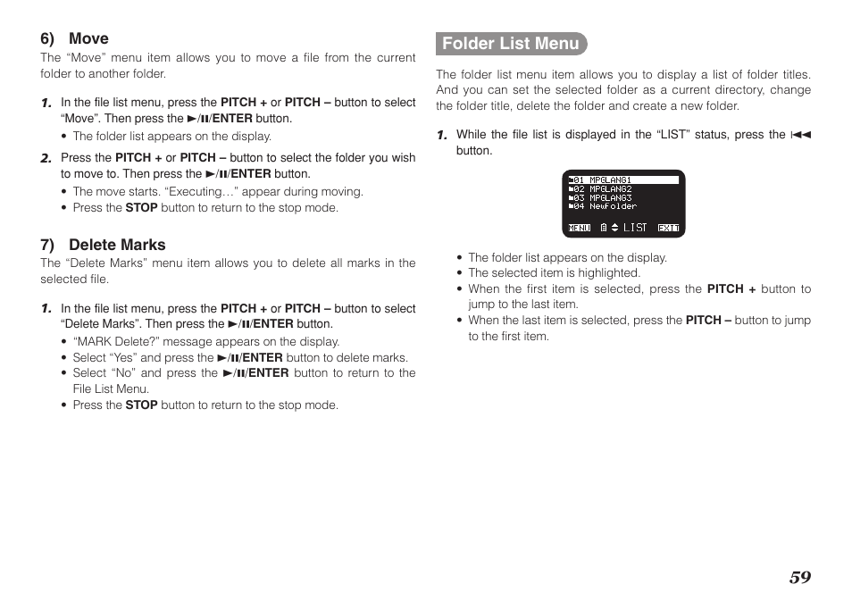 Folder list menu, 6) move, 7) delete marks | Marantz Professional PMD661 User Manual | Page 68 / 76