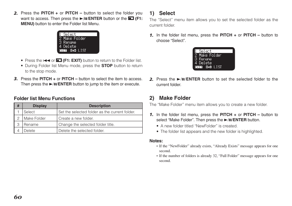 1) select, 2) make folder | Marantz Professional PMD661 User Manual | Page 69 / 76