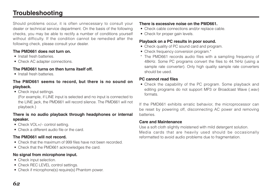 Troubleshooting | Marantz Professional PMD661 User Manual | Page 71 / 76