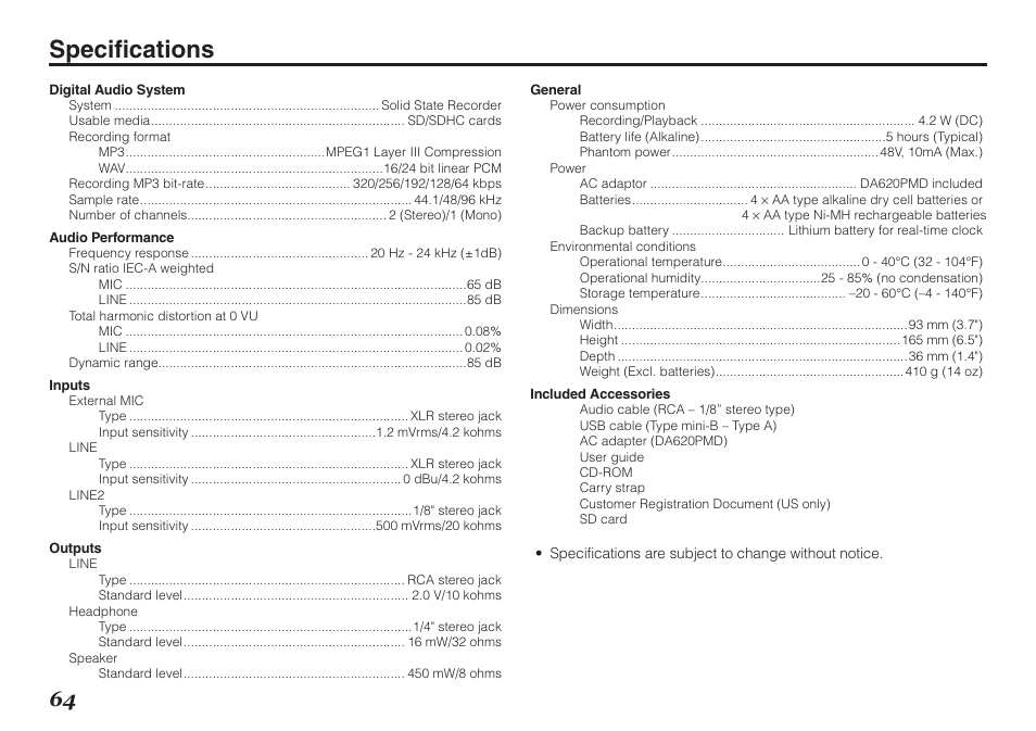 Specifications | Marantz Professional PMD661 User Manual | Page 73 / 76