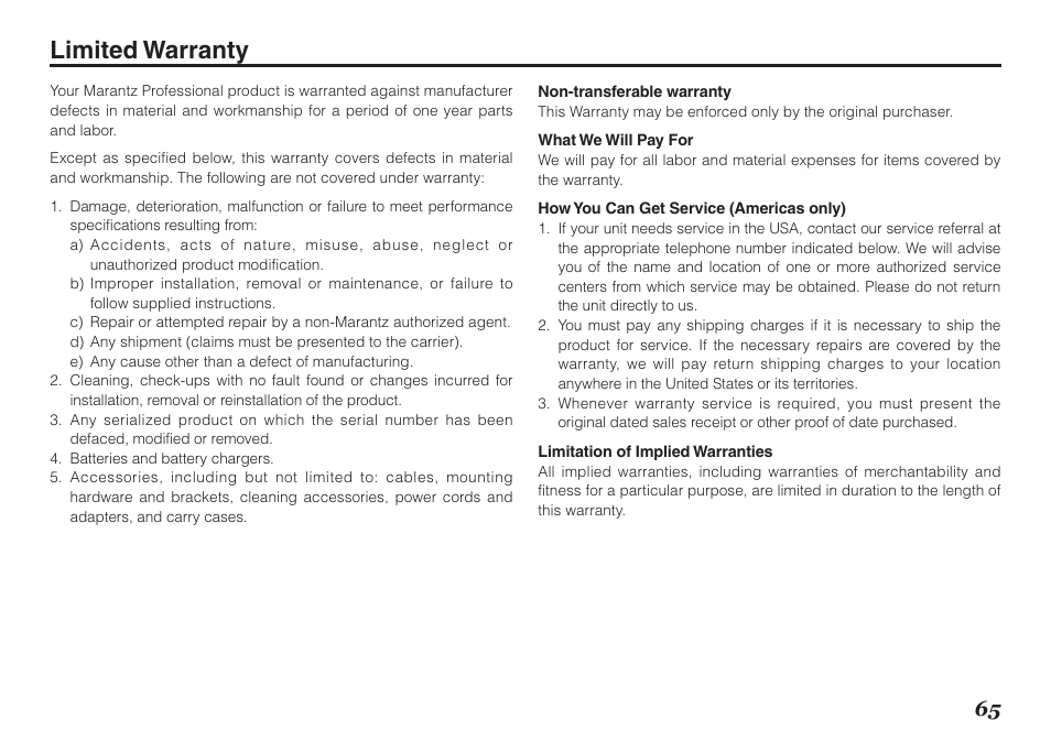 Limited warranty | Marantz Professional PMD661 User Manual | Page 74 / 76