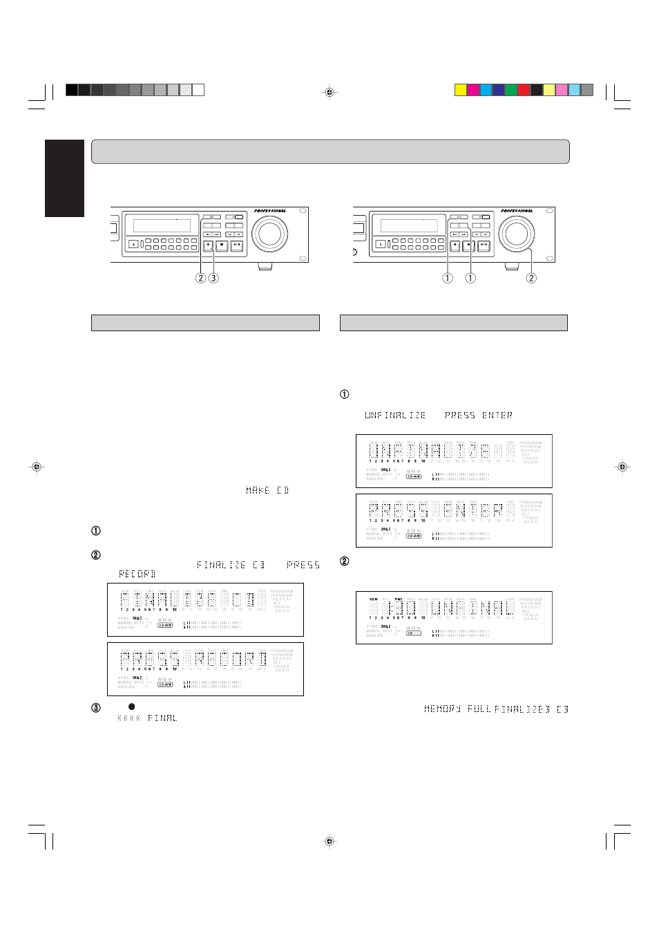Finalizing/unfinalizing, English, Finalizing cd-r & cd-rw discs | Unfinalizing cd-rw discs, Text, Time, Rec level/select push enter prog input, Evel, Finalizing is necessary to, Auto finalizing | Marantz CDR631 User Manual | Page 18 / 33