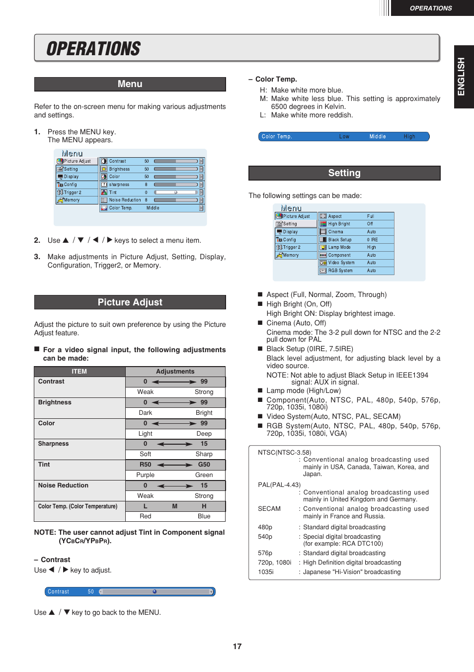 Operations, Setting, Picture adjust menu | English | Marantz VP-12S1s User Manual | Page 21 / 30