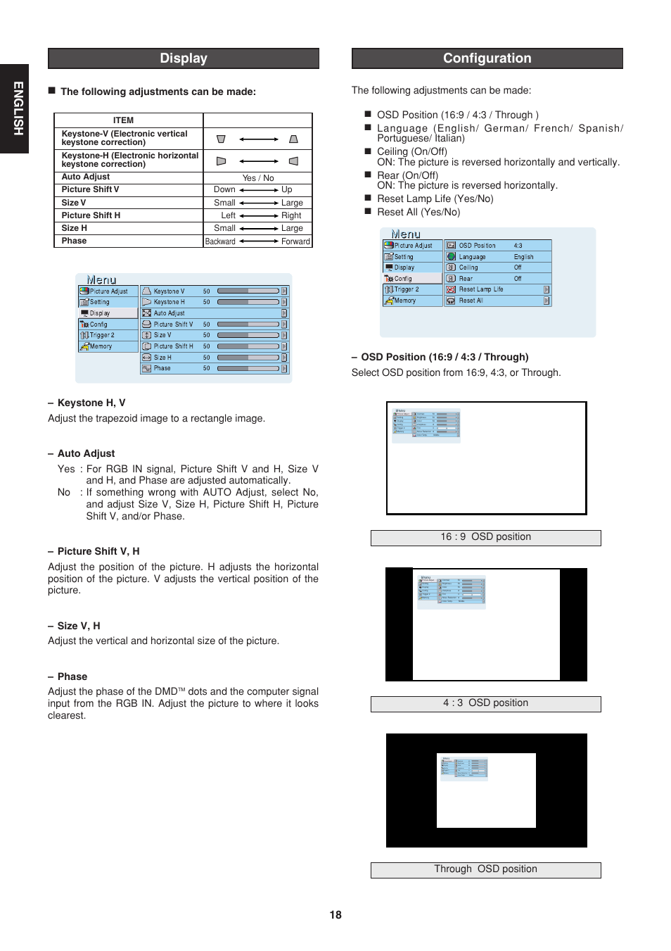 Configuration, Display, English | 16 : 9 osd position, 4 : 3 osd position, Through osd position | Marantz VP-12S1s User Manual | Page 22 / 30