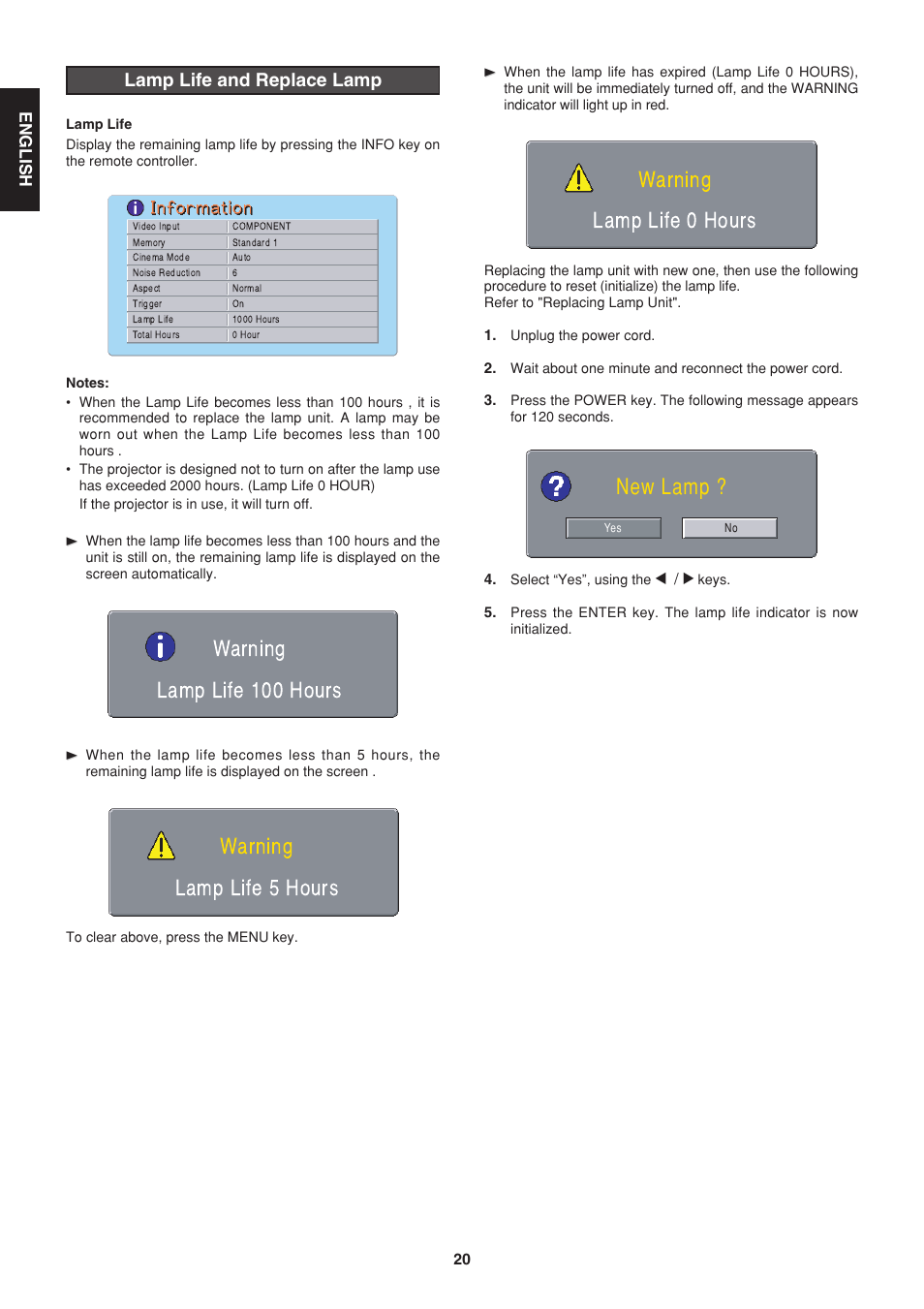 New lamp, Warning lamp life 0 hours, Lamp life and replace lamp | Marantz VP-12S1s User Manual | Page 24 / 30