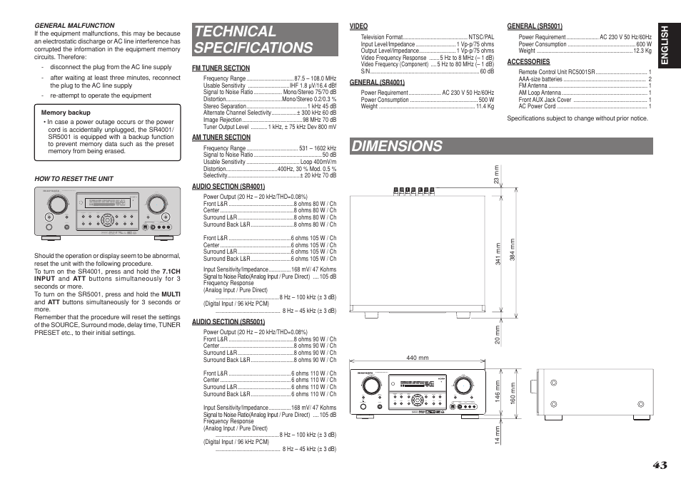 Technical specifications, Dimensions | Marantz SR4001 User Manual | Page 47 / 51