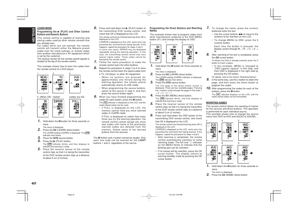 Learn page, Name page, Use page | Learn | Marantz SR7500 User Manual | Page 44 / 58