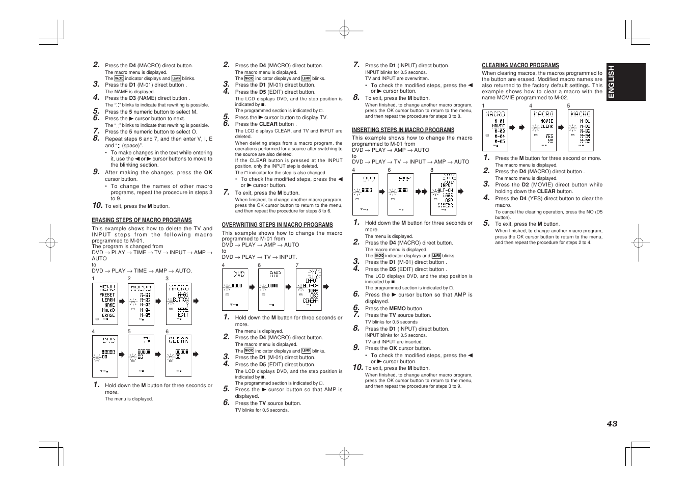 Use page, Learn macro page, Name macro page | Macro page, English | Marantz SR7500 User Manual | Page 47 / 58