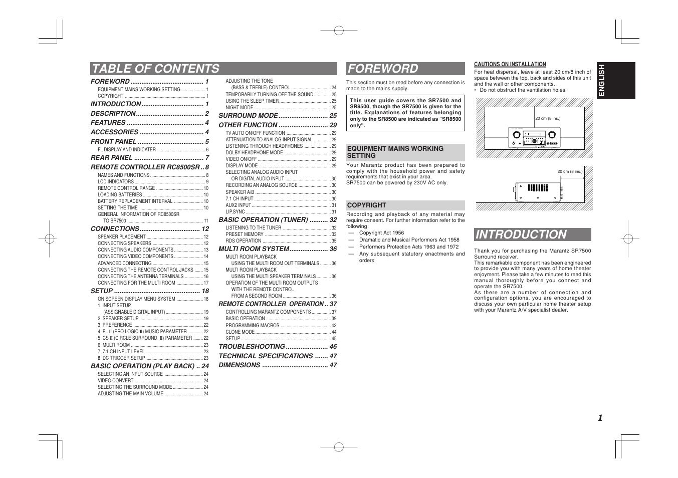 Table of contents foreword, Introduction, Av surround receiver sr5500 enter | Marantz SR7500 User Manual | Page 5 / 58