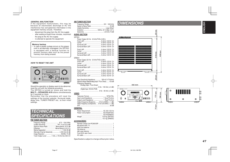 Technical specifications, Dimensions | Marantz SR7500 User Manual | Page 51 / 58