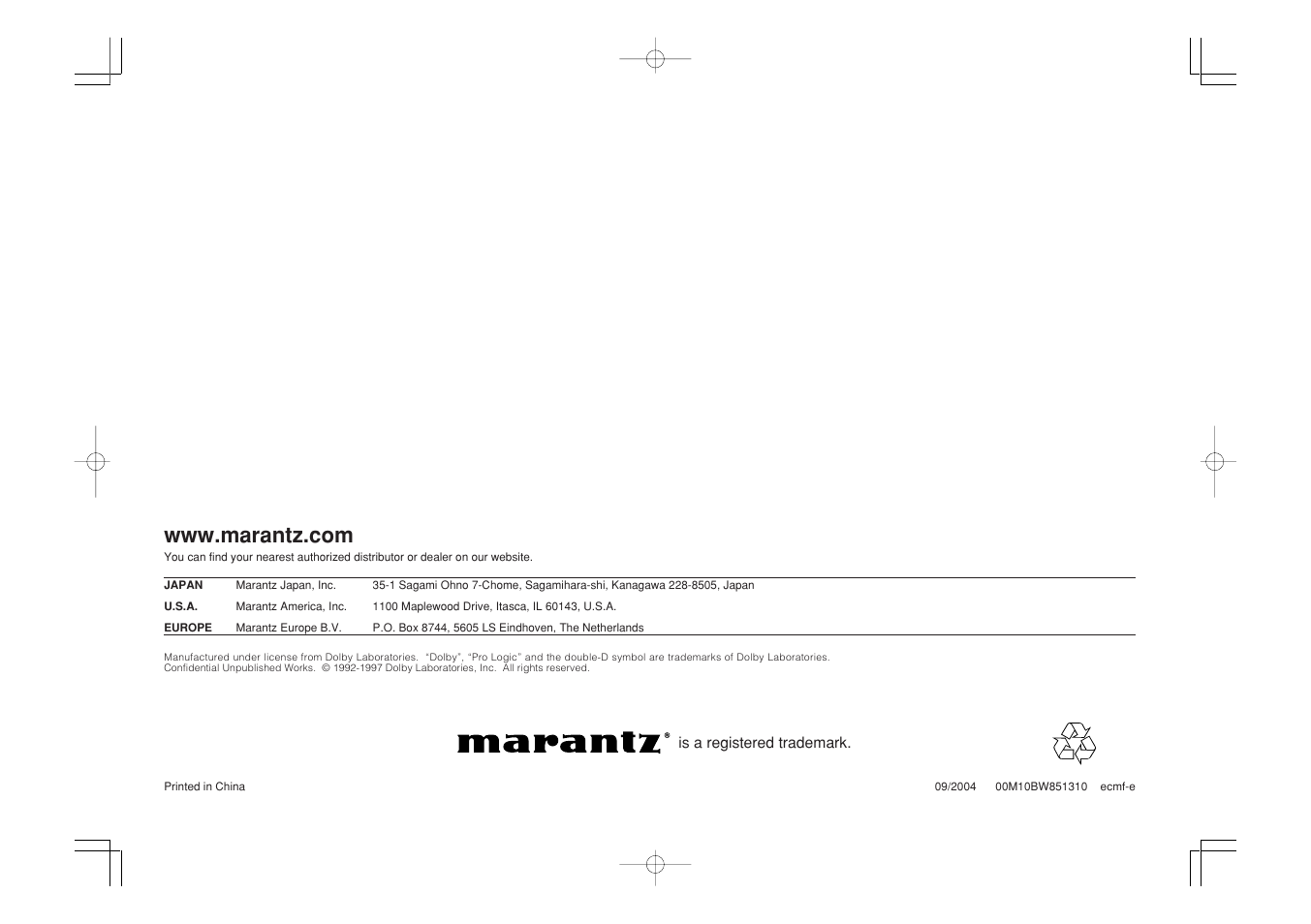 Marantz SR7500 User Manual | Page 58 / 58