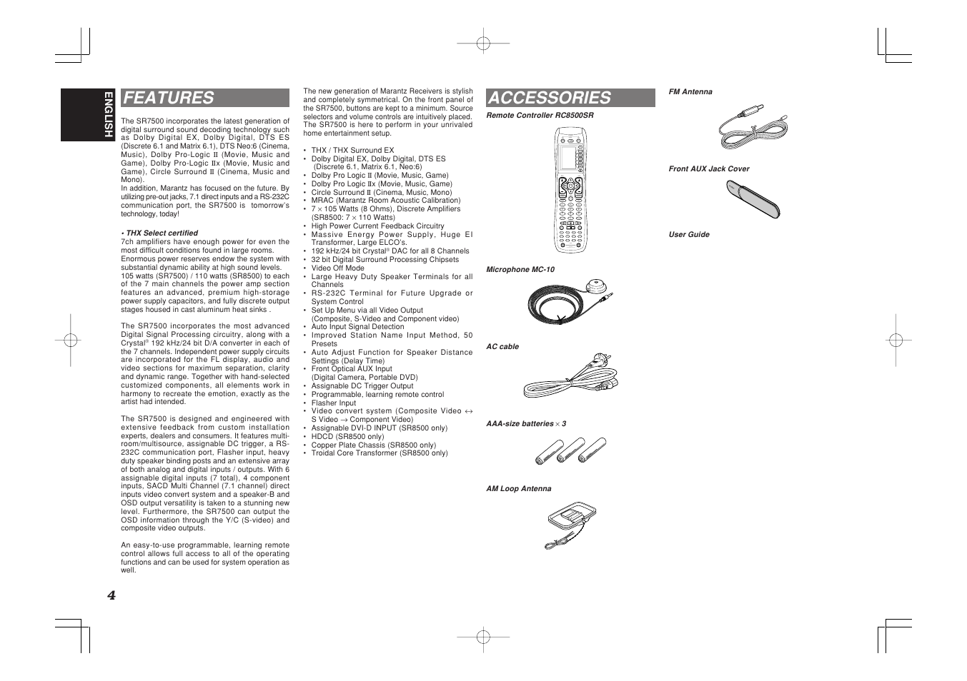 Accessories, Features, Push | Marantz SR7500 User Manual | Page 8 / 58