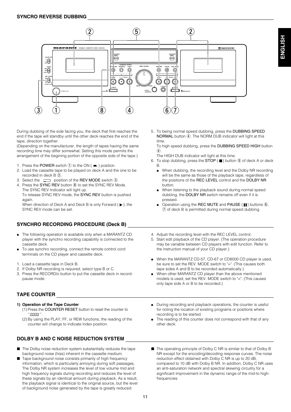 English français, Syncro reverse dubbing, Tape counter | Dolby b and c noise reduction system, Synchro recording procedure (deck b) | Marantz SD4050 User Manual | Page 11 / 15