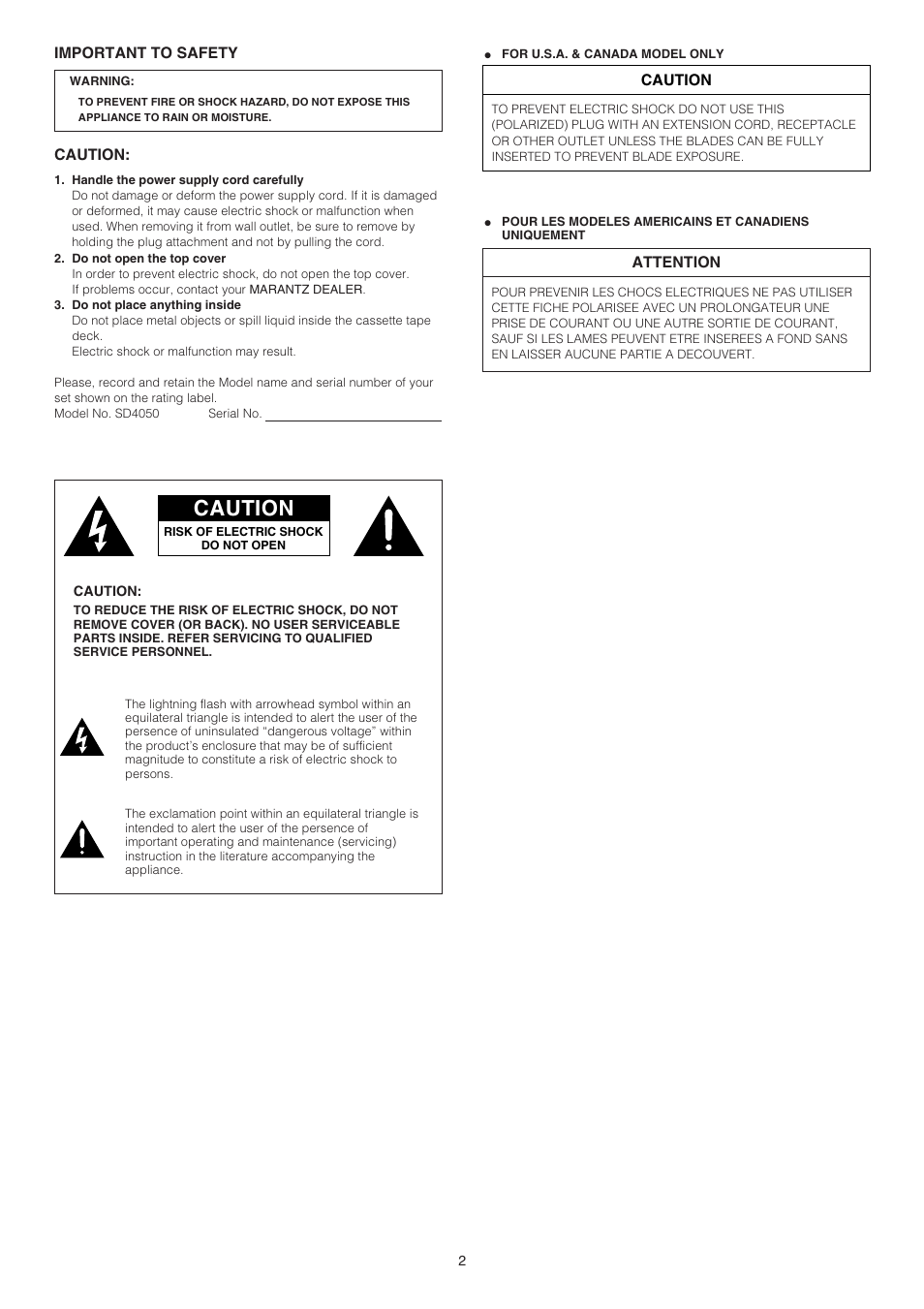 Caution, English français | Marantz SD4050 User Manual | Page 2 / 15