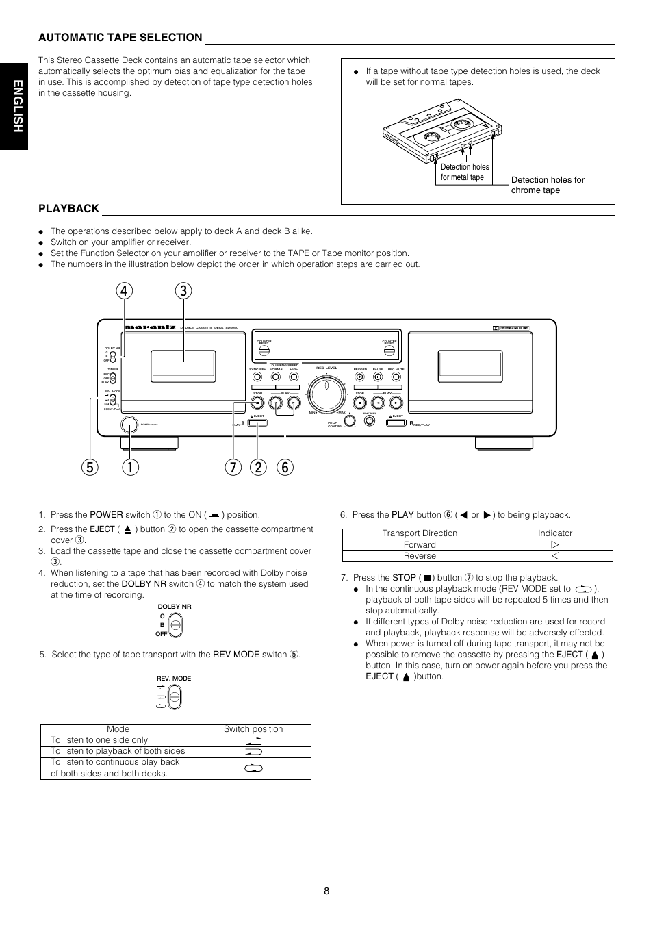 English français, Playback, Automatic tape selection | Marantz SD4050 User Manual | Page 8 / 15