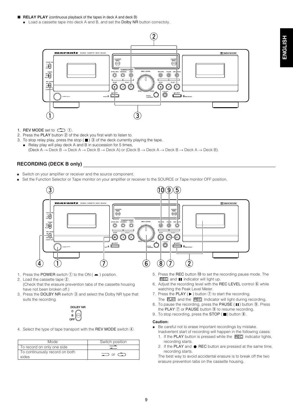 Wq e, English français, Recording (deck b only) | Marantz SD4050 User Manual | Page 9 / 15