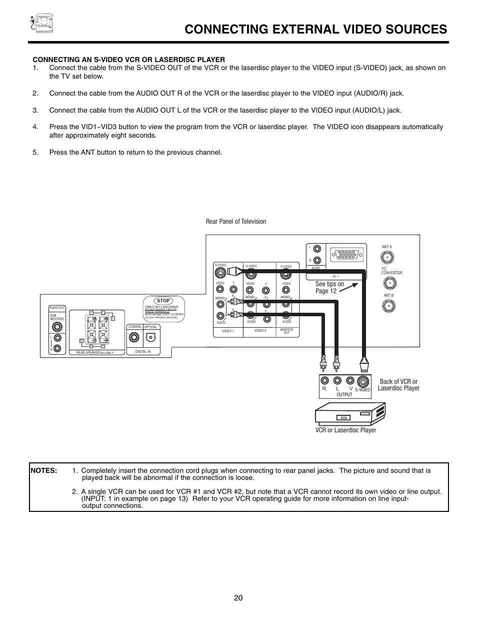 Connecting external video sources, Rear panel of television vcr or laserdisc player | Marantz DL5500 User Manual | Page 20 / 92