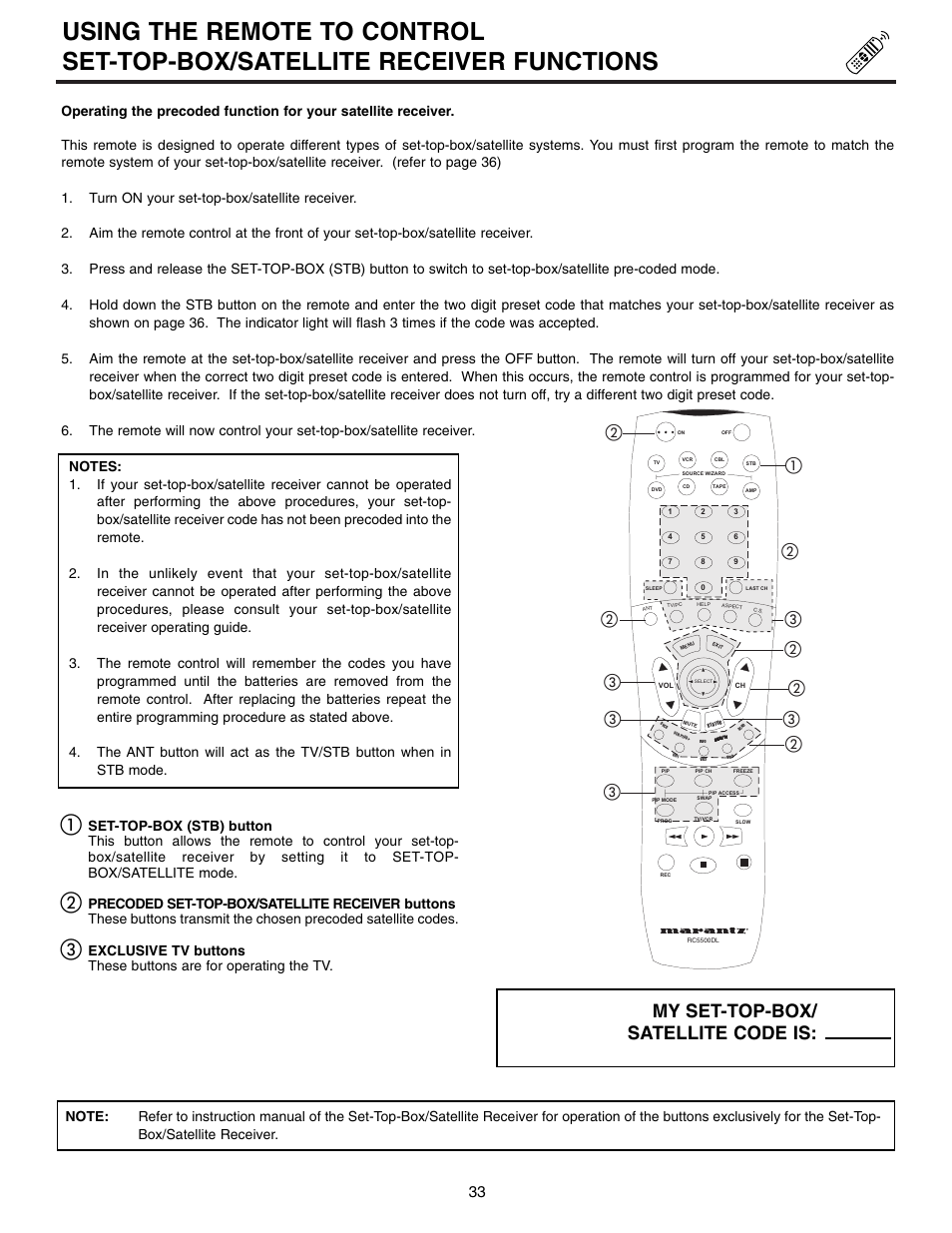 My set-top-box/ satellite code is | Marantz DL5500 User Manual | Page 33 / 92