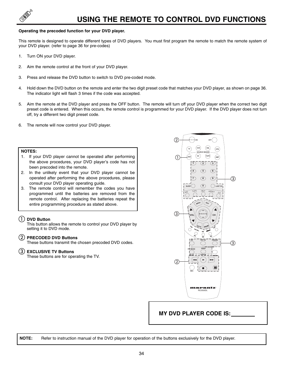 Using the remote to control dvd functions, My dvd player code is | Marantz DL5500 User Manual | Page 34 / 92