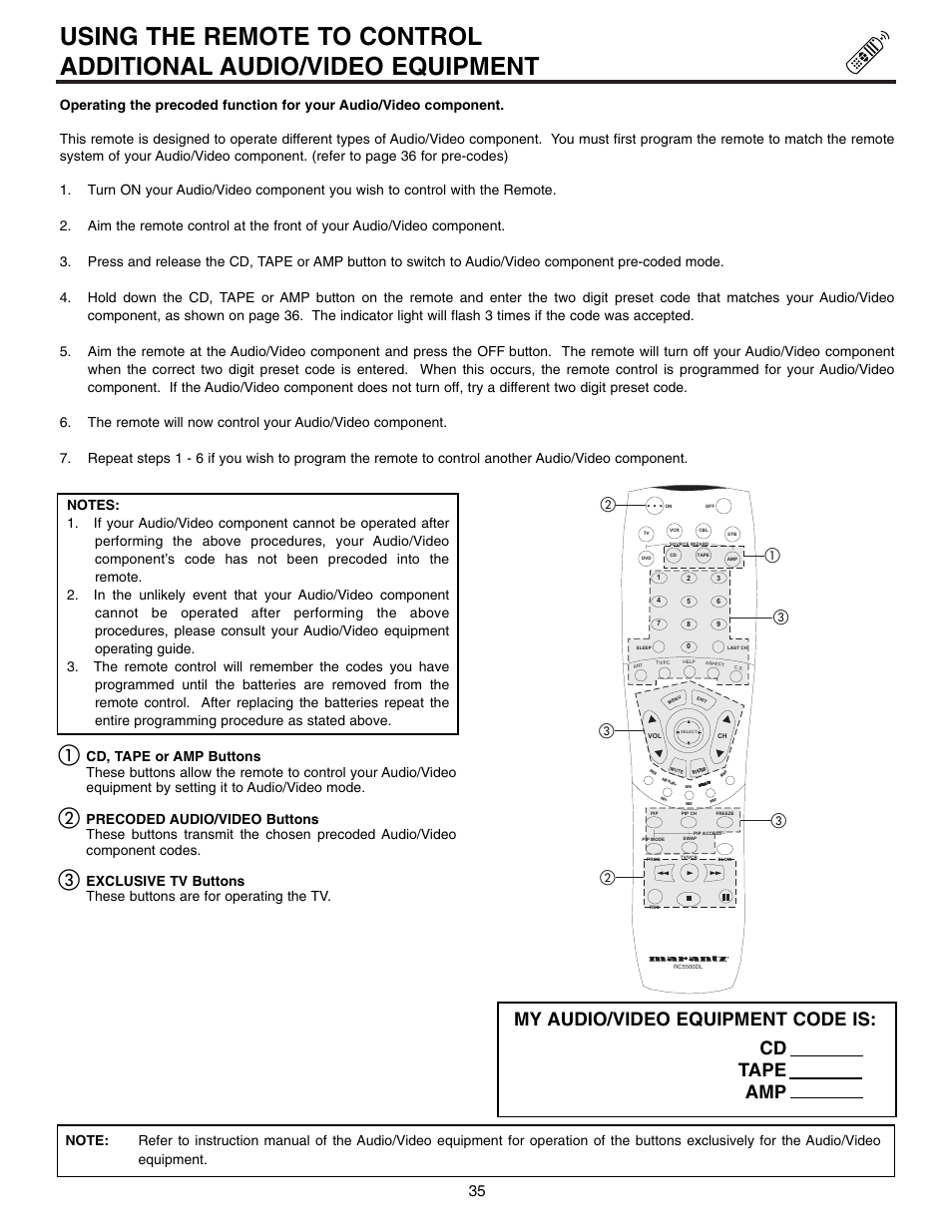 My audio/video equipment code is, Cd tape amp | Marantz DL5500 User Manual | Page 35 / 92