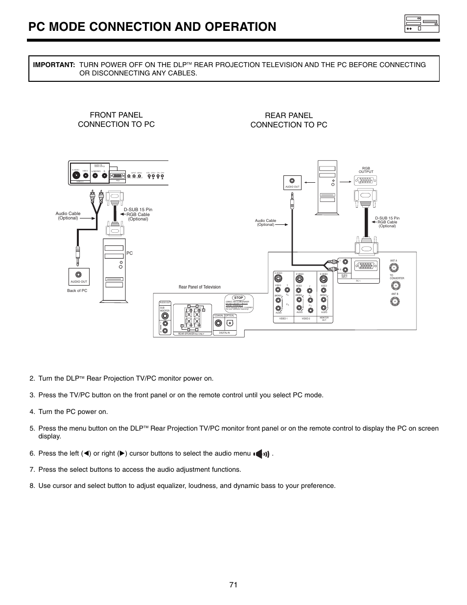 Pc mode connection and operation, Rear panel connection to pc, Front panel connection to pc | Turn the dlp | Marantz DL5500 User Manual | Page 71 / 92