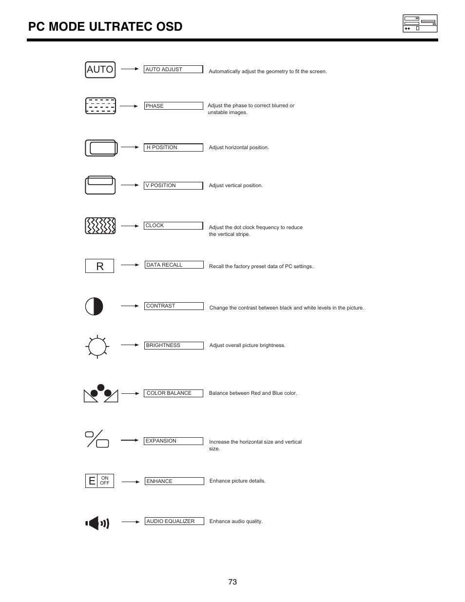 Pc mode ultratec osd, Auto | Marantz DL5500 User Manual | Page 73 / 92