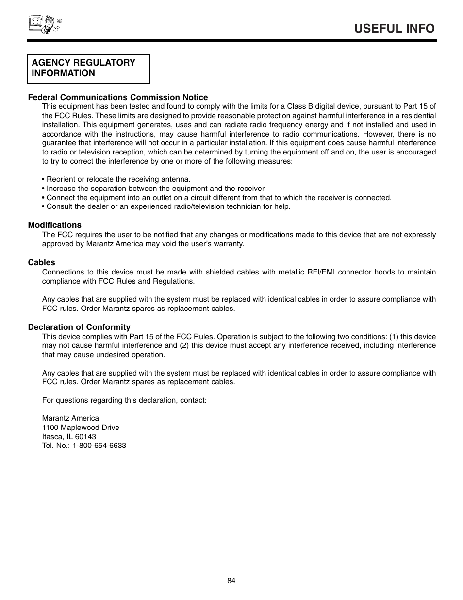 Useful info, Agency regulatory information | Marantz DL5500 User Manual | Page 84 / 92