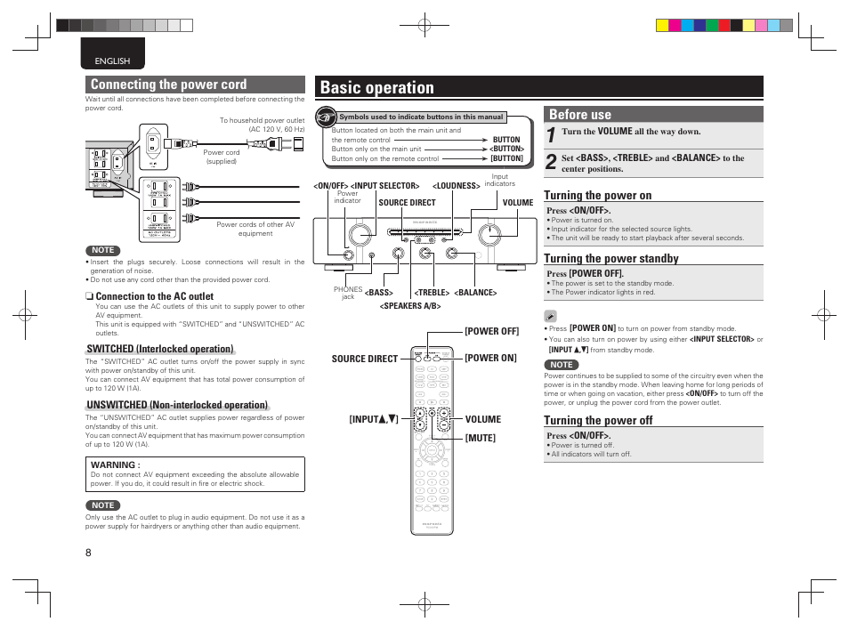 Basic operation, Connecting the power cord, Before use | Turning the power on, Turning the power standby, Turning the power off | Marantz PM5004 User Manual | Page 11 / 19