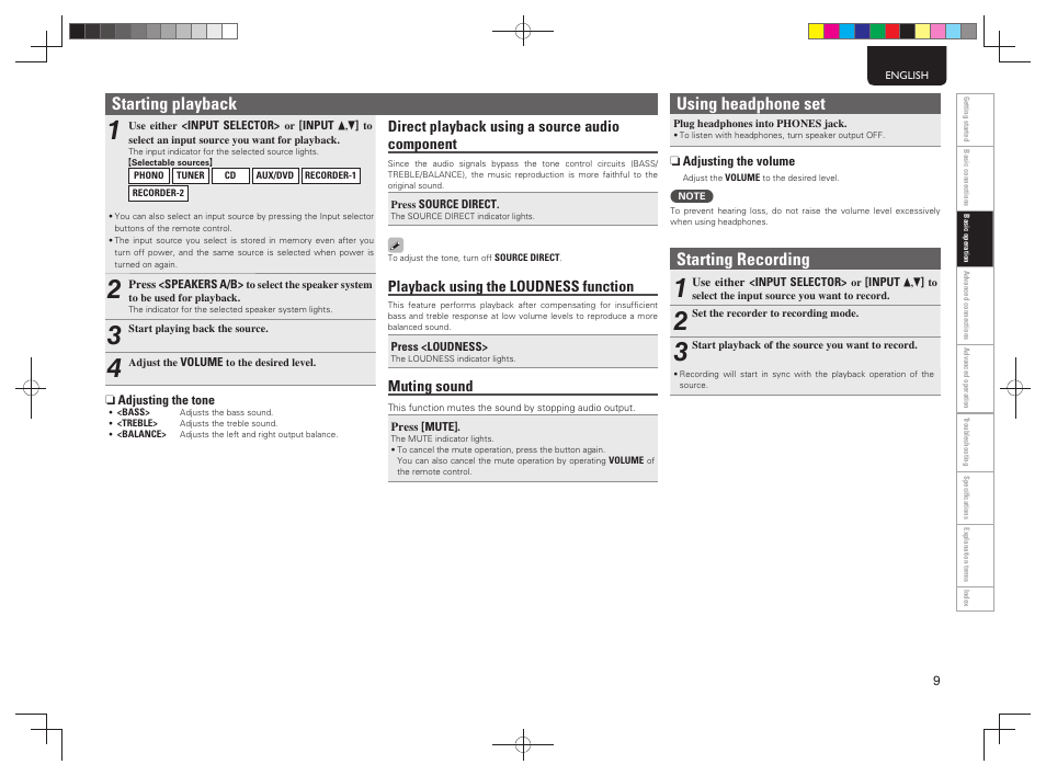 Starting playback using headphone set, Starting recording, Direct playback using a source audio component | Playback using the loudness function, Muting sound | Marantz PM5004 User Manual | Page 12 / 19