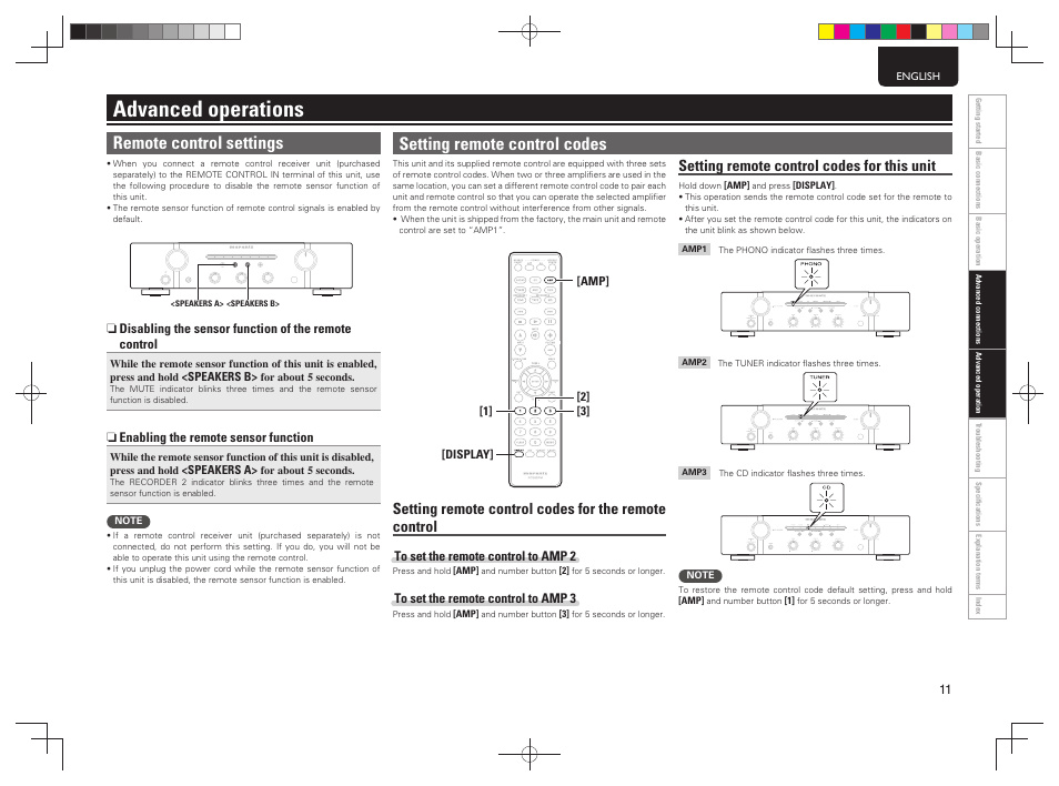 Advanced operations, Remote control settings, Setting remote control codes | Setting remote control codes for this unit | Marantz PM5004 User Manual | Page 14 / 19