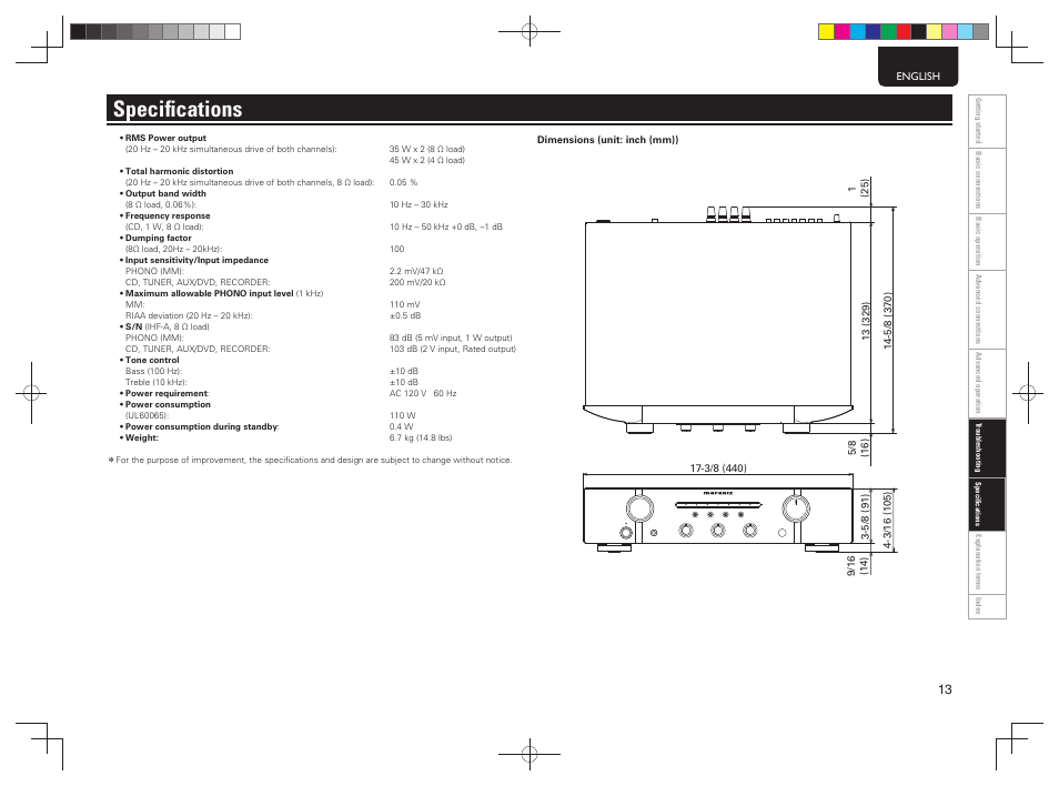 Speciﬁ cations | Marantz PM5004 User Manual | Page 16 / 19