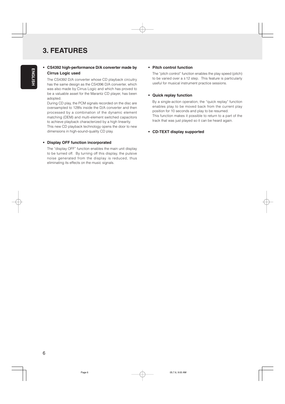 Features | Marantz CD5001 User Manual | Page 10 / 33