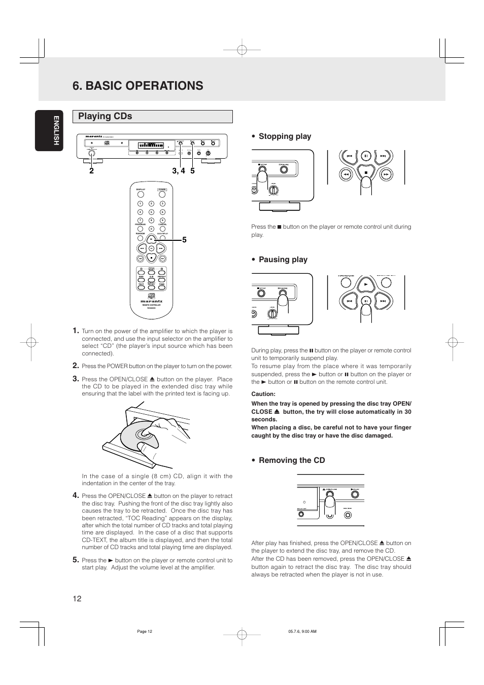 Basic operations, Playing cds, Stopping play | Pausing play, Removing the cd | Marantz CD5001 User Manual | Page 16 / 33